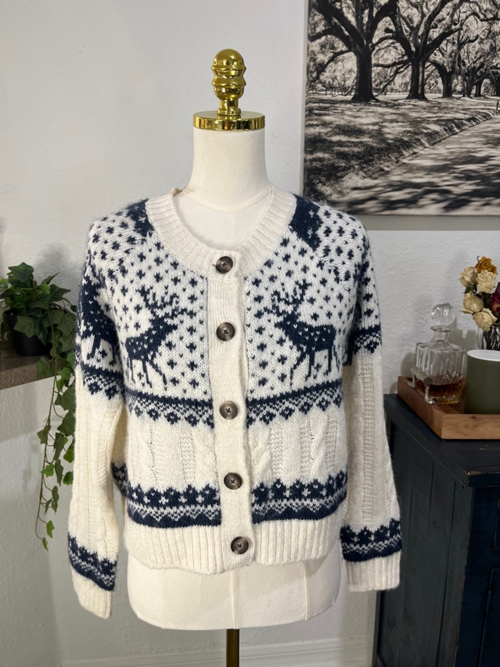 NWOT Blue & Ivory Fair Isle Cardigan Sweater Small Go-Recycled